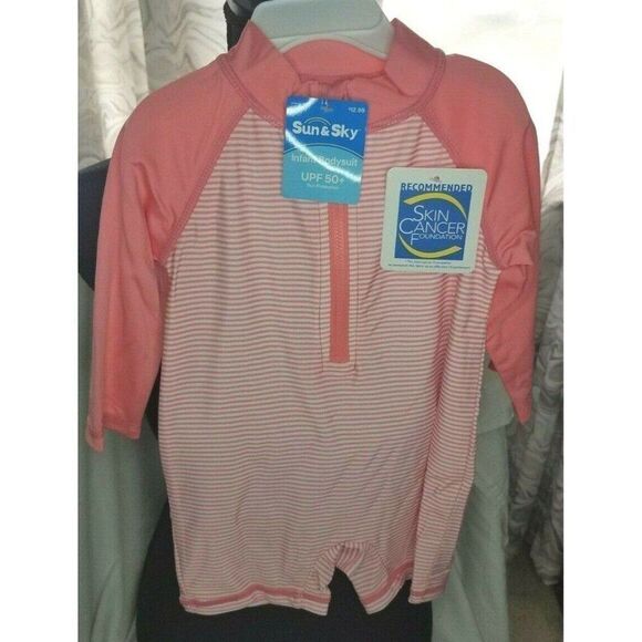18-24M One Piece Pink White Striped Bodysuit UPF 50+ Sun Protection - Picture 2 of 9